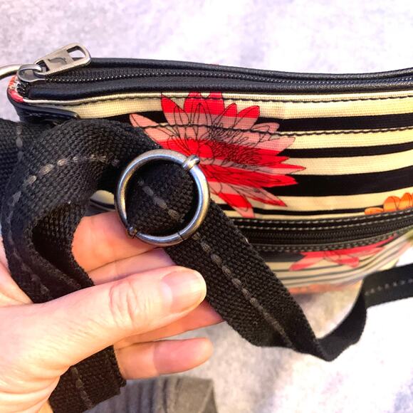 Sakroots Artist Designed Crossbody Purse, Black White Striped Colorful Flowers - Picture 6 of 10